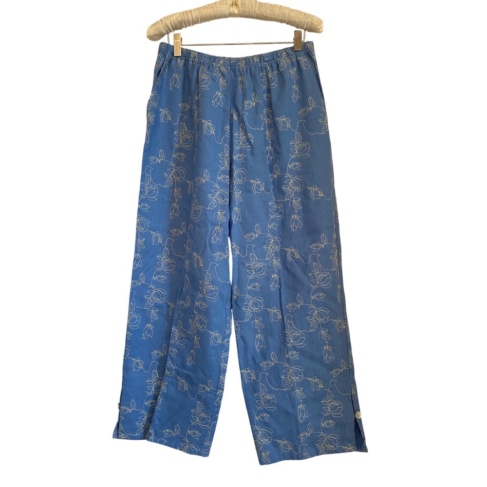 Parisian Works Blue 100%‎ Linen Floral Embroidered Wide Leg Crop Pants Women's M